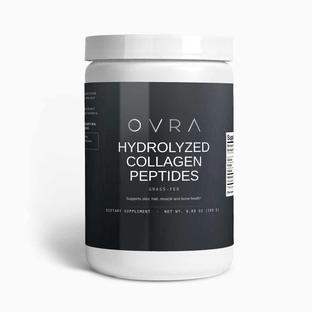OVRA Collagen Peptides container on brushed steel, bone-white studio background