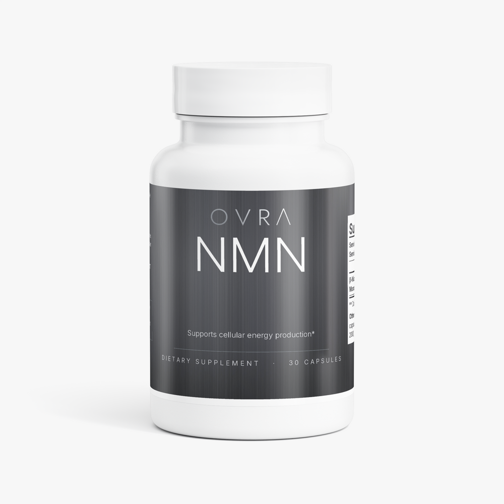 OVRA NMN bottle on brushed steel, bone-white studio background