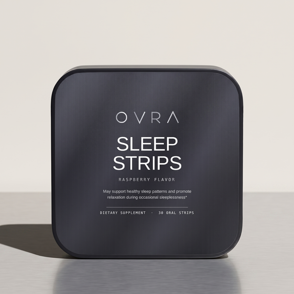 OVRA Sleep Strips tin on brushed steel, bone-white studio background