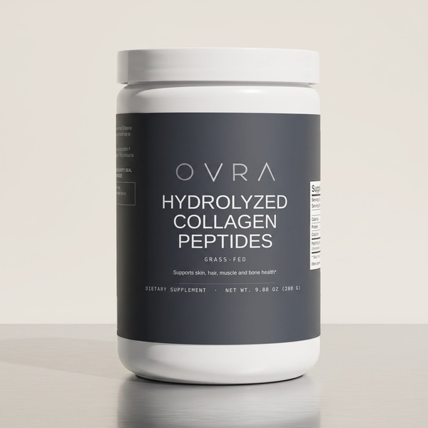OVRA Collagen Peptides container on brushed steel, bone-white studio background